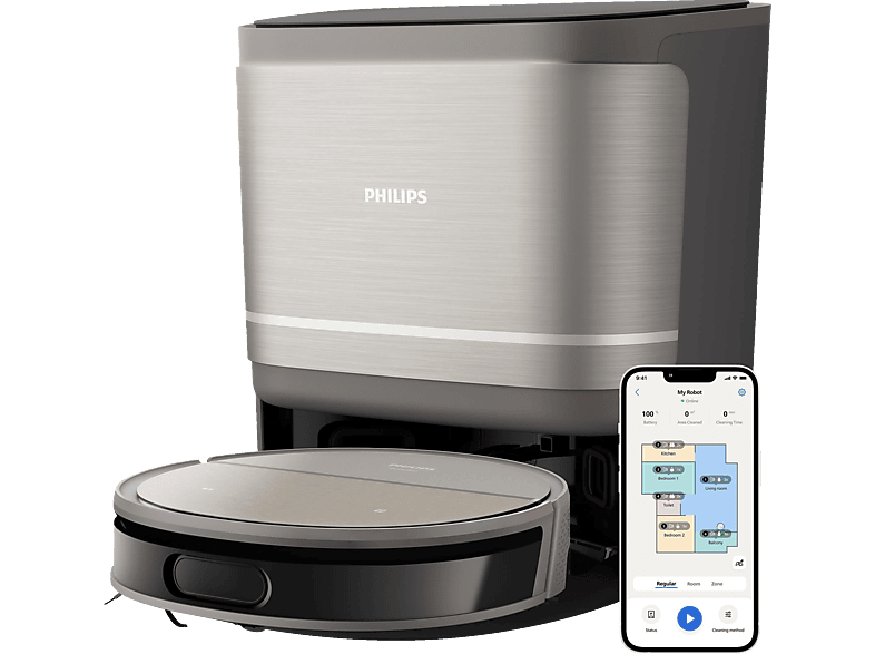 Philips XU9100/10 HomeRun 9000 Series Aqua mit Wischfunktion und App, Hindernissenerkennung, Saugroboter (Metallic/Schwarz, Laufzeit: 280 Min., mit Absaugstation)