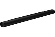 Zwarte Sonos soundbar op een zwarte achtergrond.