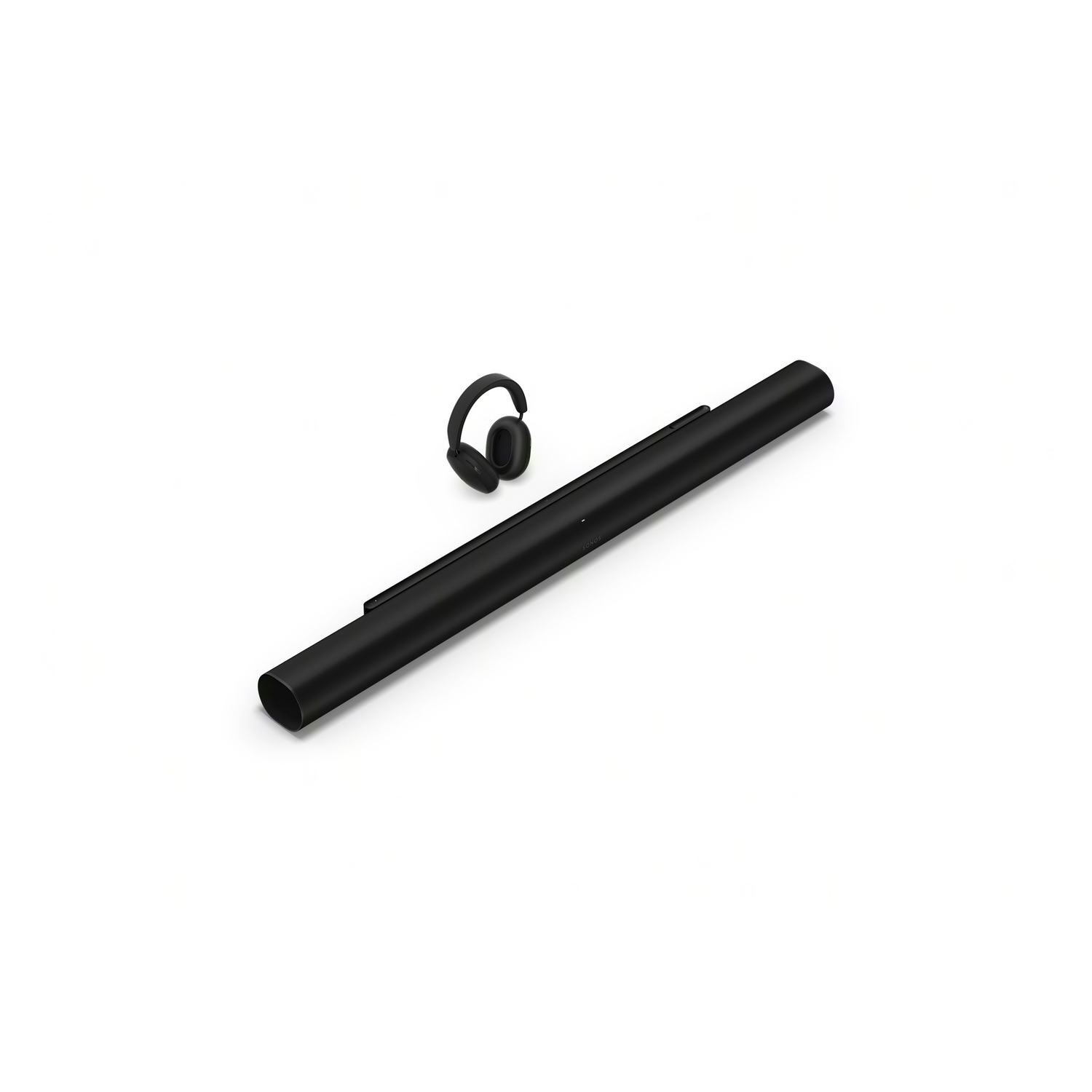 Een zwarte soundbar en een set zwarte koptelefoons op een witte achtergrond. De koptelefoon ligt erbovenop.