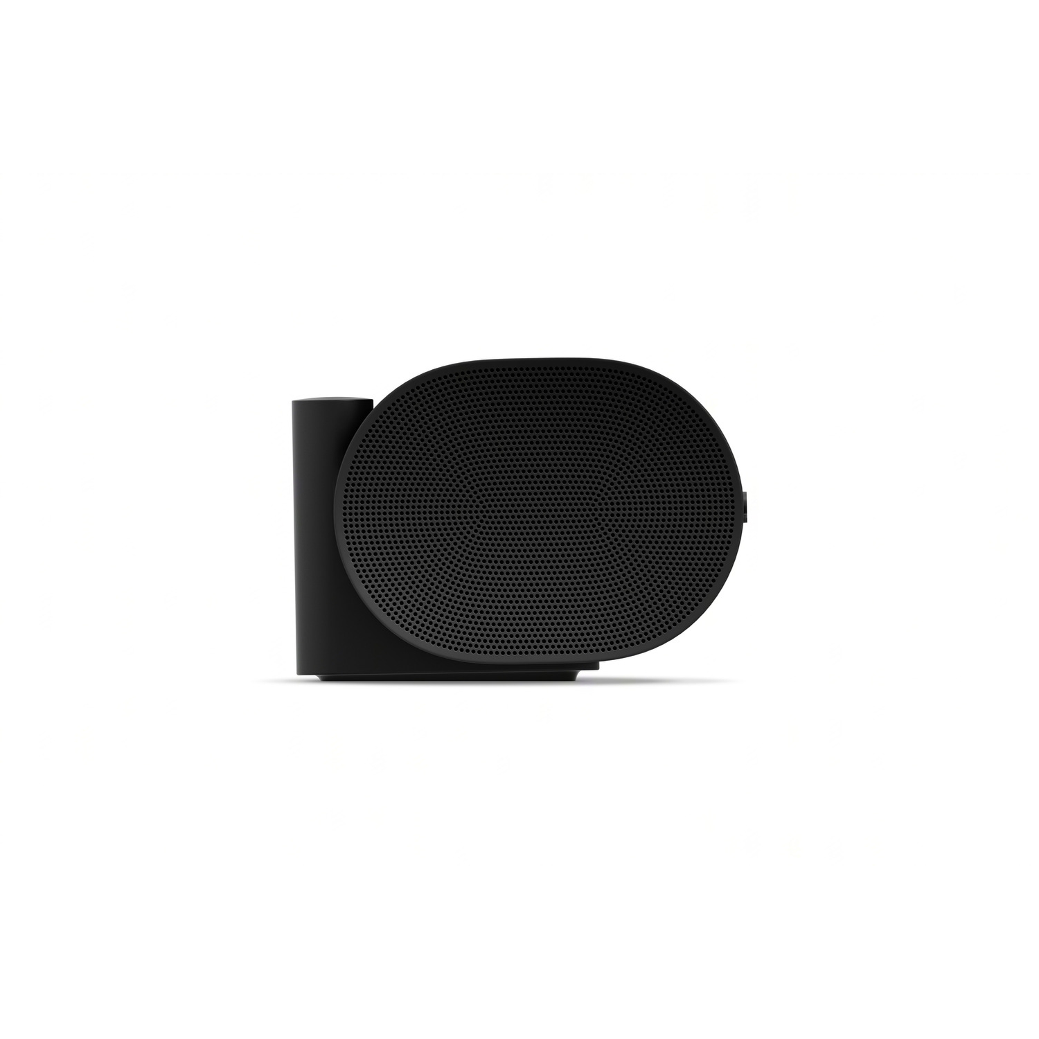 Zwarte speaker. Ronde voorkant met gaten en een cilindrische standaard. Witte achtergrond.