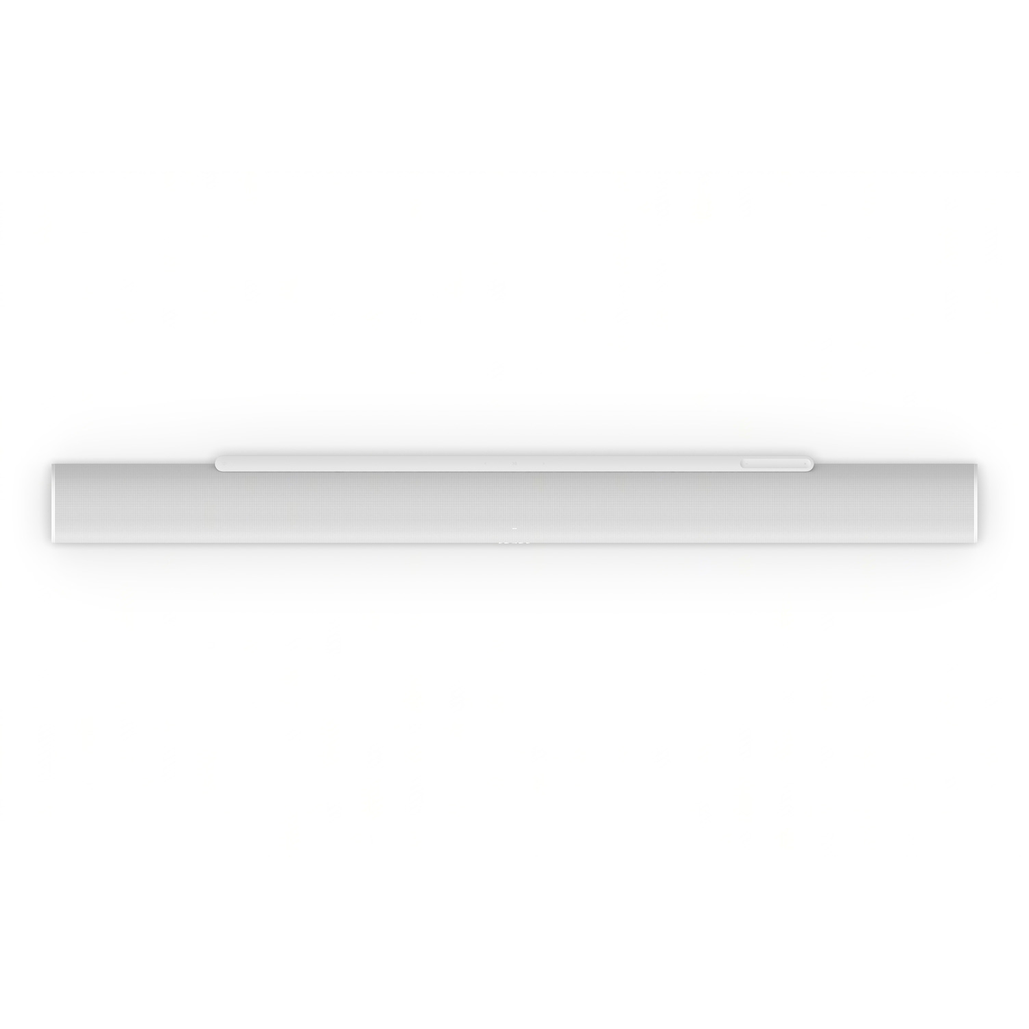Witte soundbar met minimalistisch design, bovenaanzicht. Op een witte achtergrond.