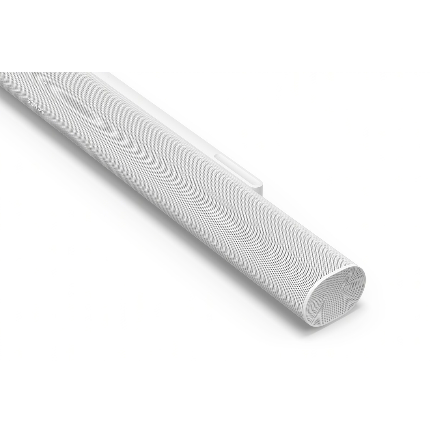 Witte Sonos soundbar. Het ontwerp is lang en cilindrisch met afgeronde randen. Het Sonos-logo is zichtbaar.