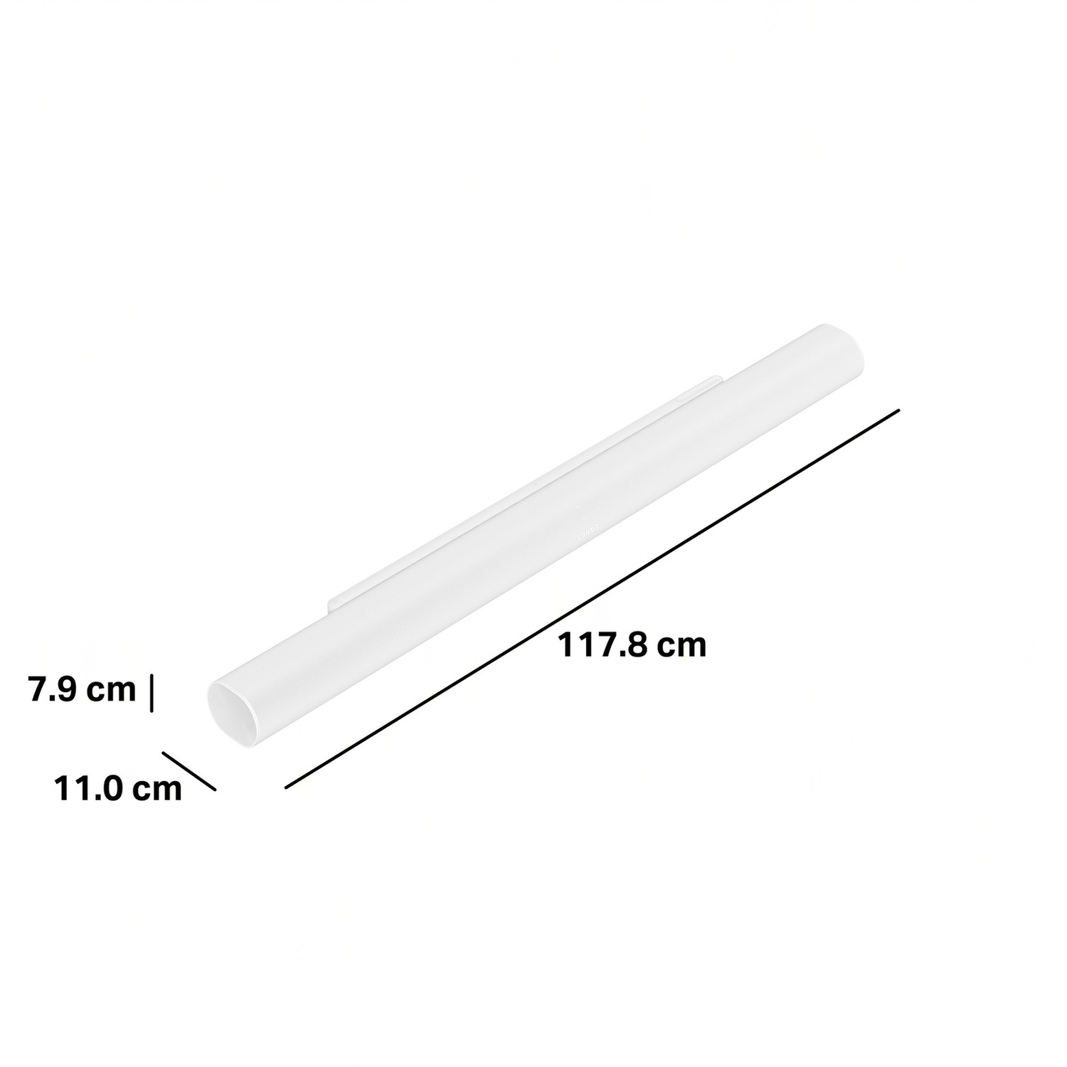 Een witte LED-lichtbalk. De afmetingen zijn 7,9 cm x 11,0 cm en 117,8 cm lang.