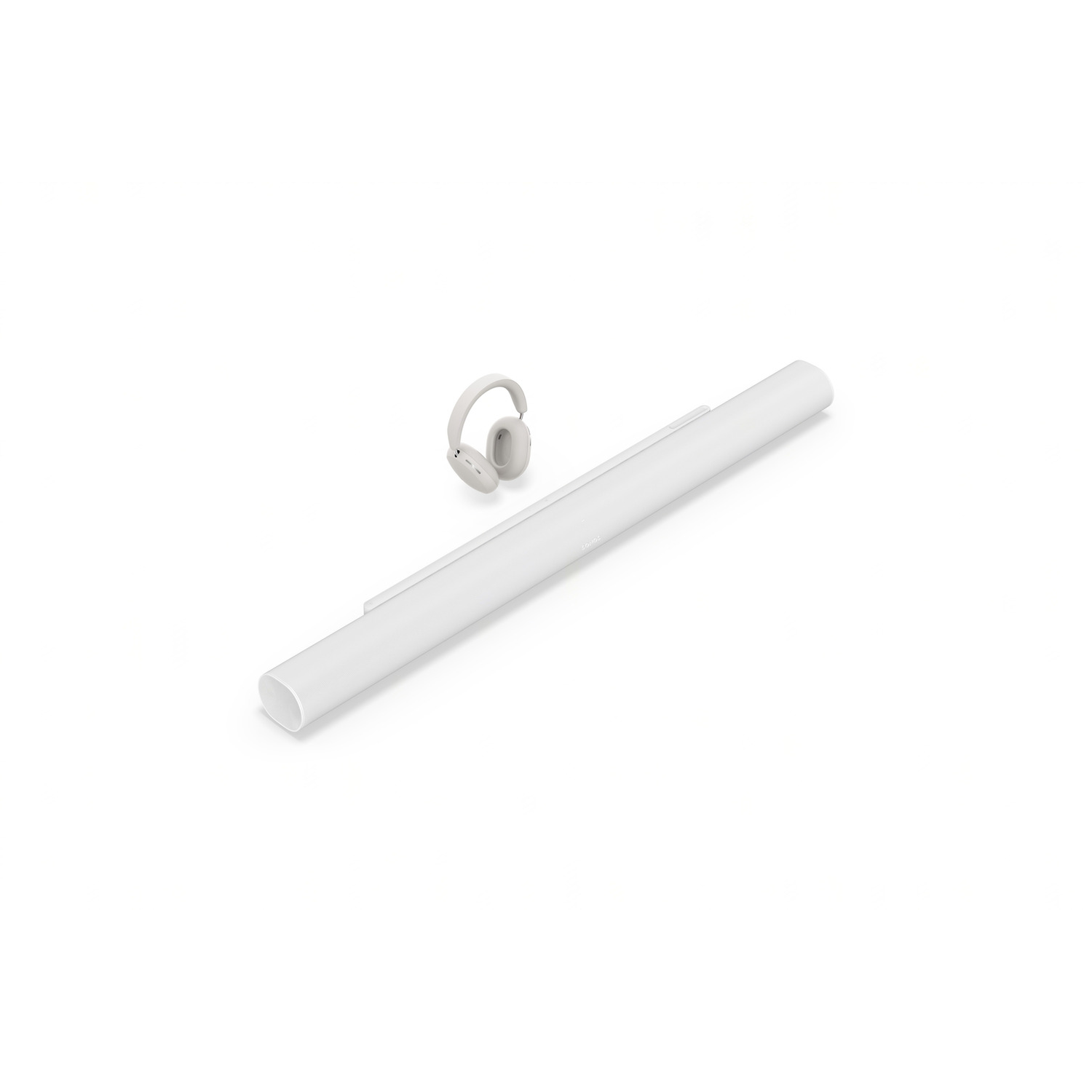 Een witte soundbar en een witte koptelefoon tegen een witte achtergrond.