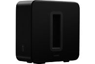 Zwarte, rechthoekige Sonos subwoofer met een rechthoekige opening en Sonos logo.