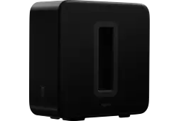Black, rectangular Sonos subwoofer with a rectangular opening and Sonos logo on it.