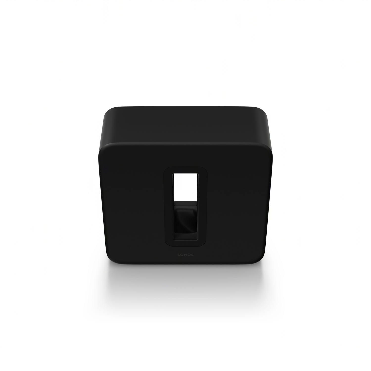 Zwarte Sonos Sub. Een vierkante, zwarte luidspreker met een centrale rechthoekige opening.