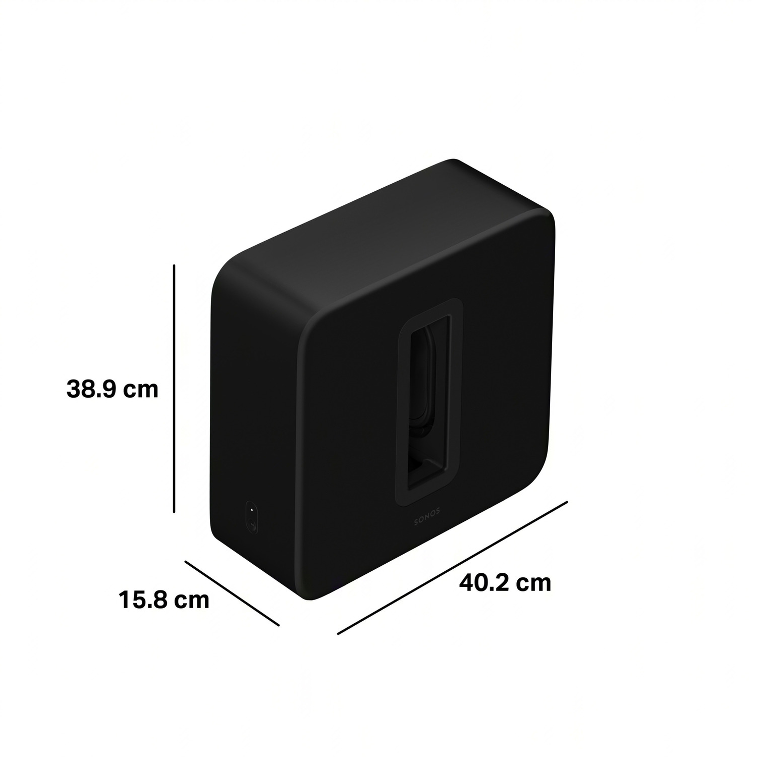 Zwarte Sonos subwoofer met afmetingen op witte achtergrond.
