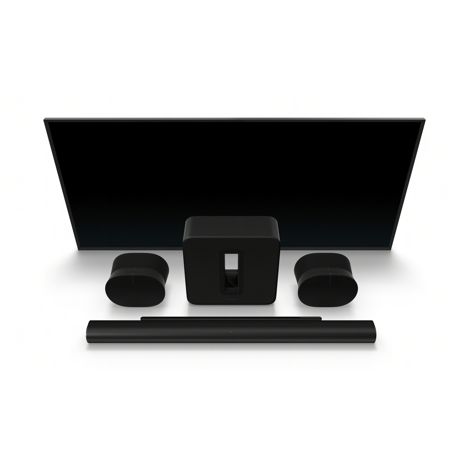 Een zwarte thuisbioscoopopstelling met een tv, subwoofer, soundbar en luidsprekers.