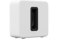 Witte Sonos Sub, een draadloze subwoofer, op zwarte achtergrond. Rechthoekig ontwerp met een centrale opening.