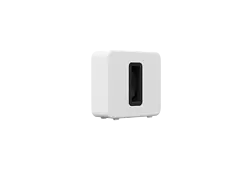 White Sonos Sub, a wireless subwoofer, on a black background. Has a rectangular design with a central opening.