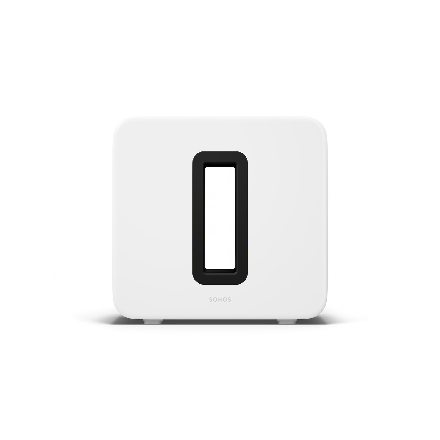 Een witte kubusvormige Sonos Sub, met een zwart rechthoek in het midden.