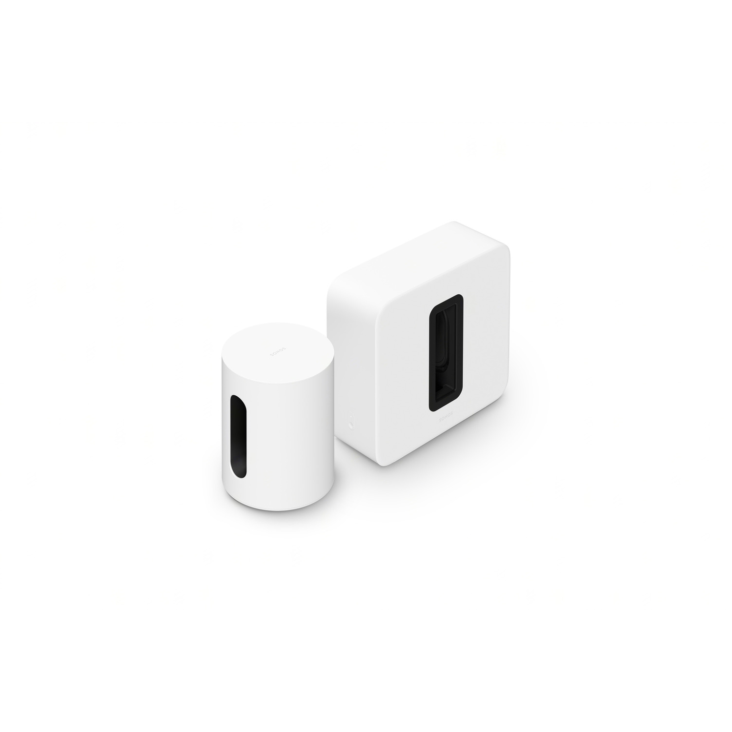 Witte Sonos speakerset. Een cilinder en een rechthoekige subwoofer zijn zichtbaar.