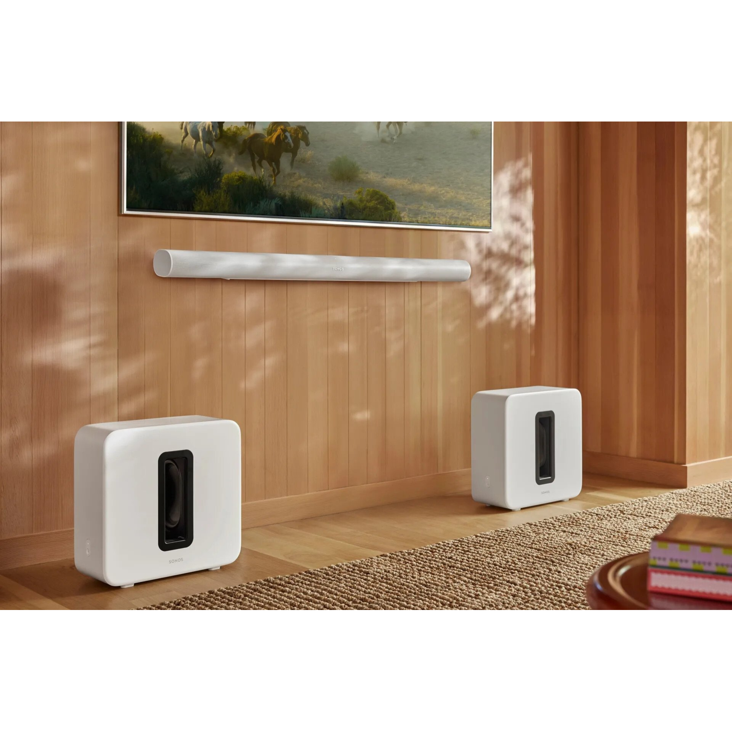 Woonkamer met een tv, witte soundbar, twee witte subwoofers en een vloerkleed.