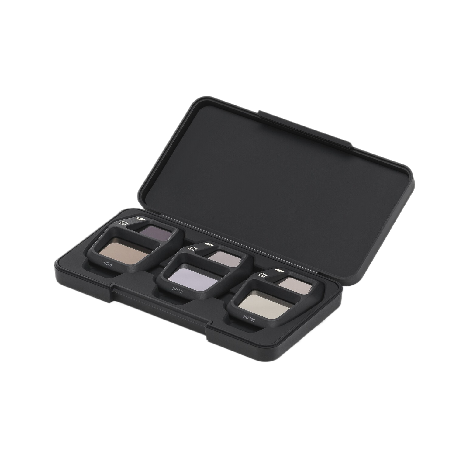 Un étui noir avec 3 filtres pour caméra de drone. Chaque filtre est dans un emplacement séparé.