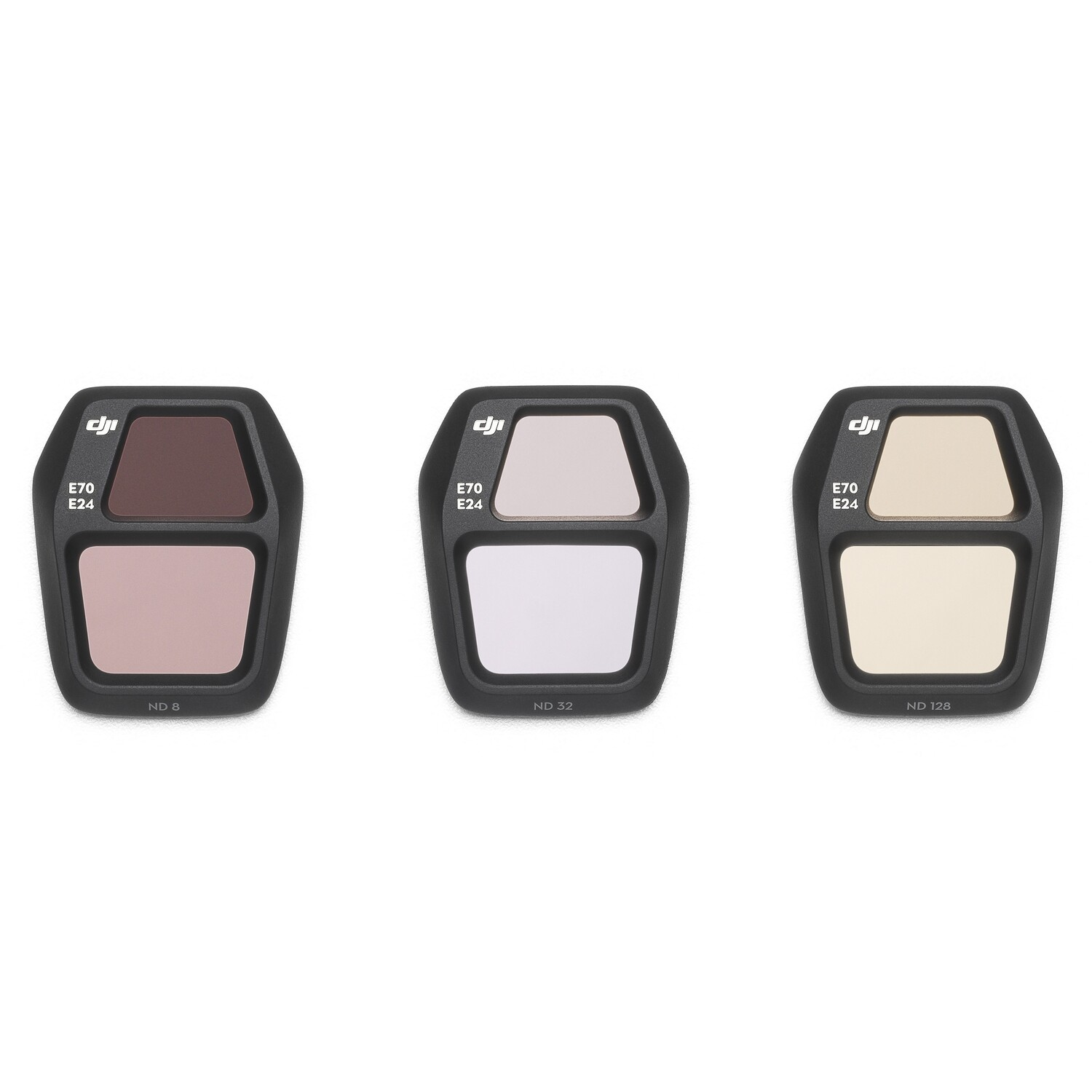 Trois filtres ND DJI noirs. Chacun a deux sections. Étiquettes : ND 8, ND 32, ND 128.