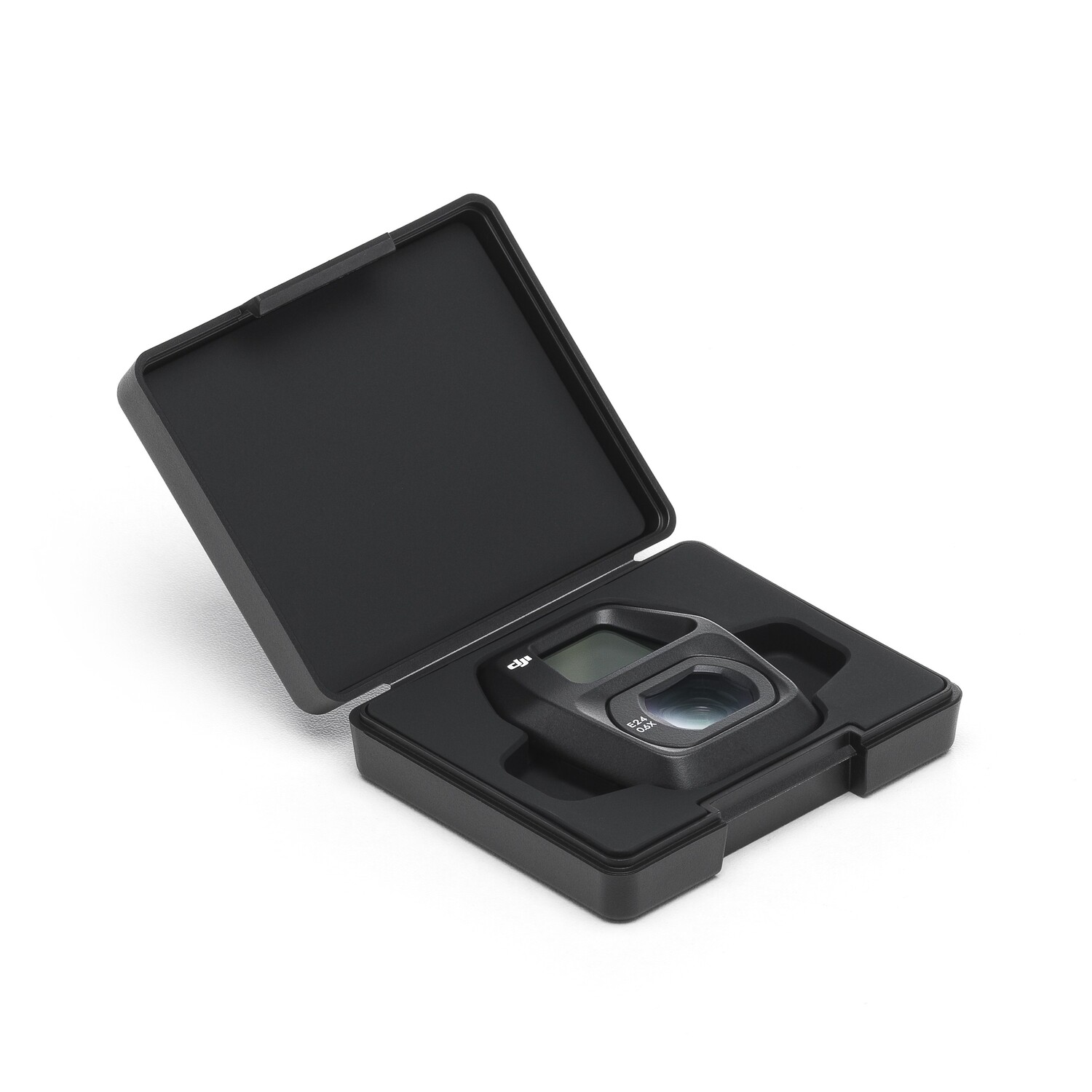 Black DJI action camera in a black case, with the case open.
