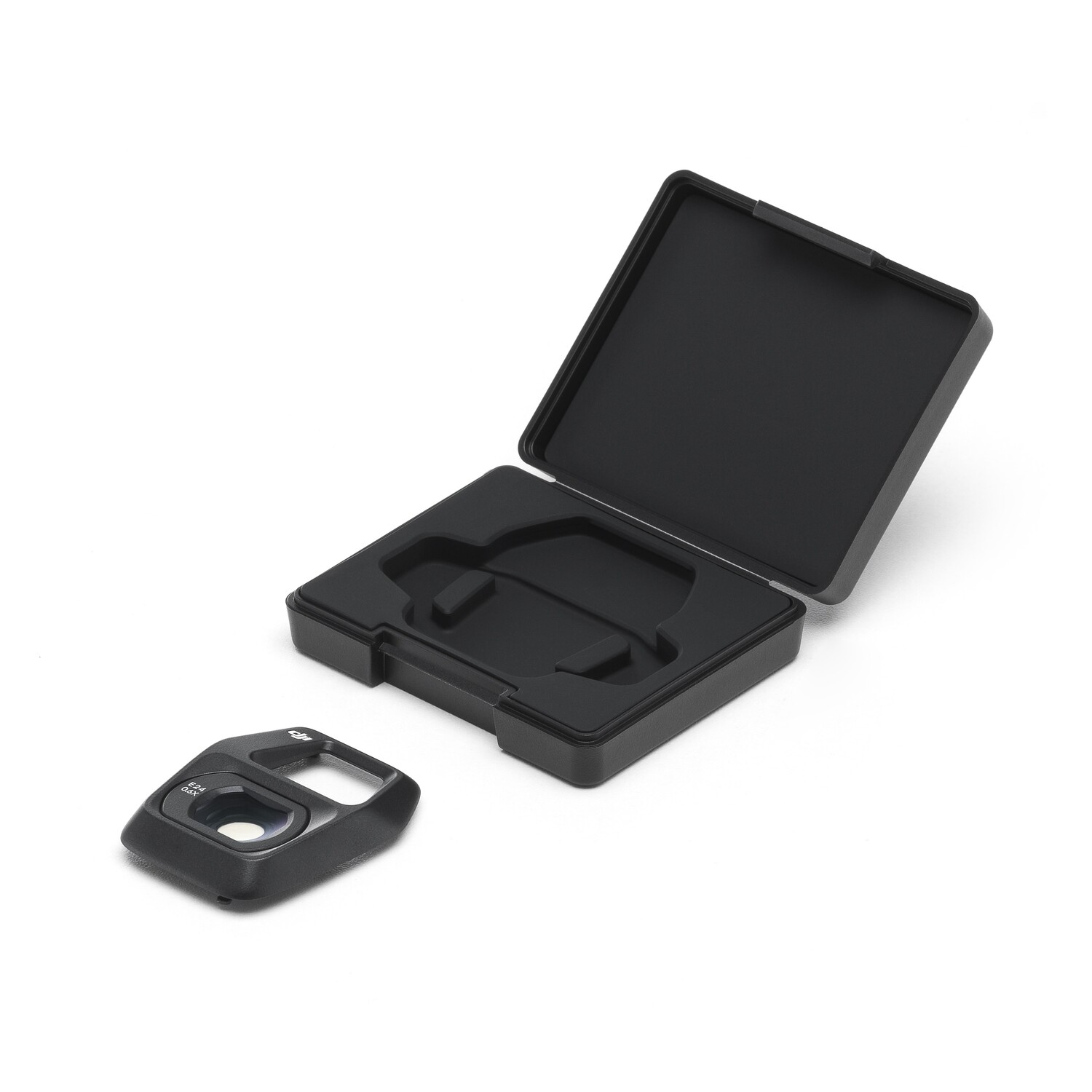 Black drone lens cover and case. The case is open. White background.
