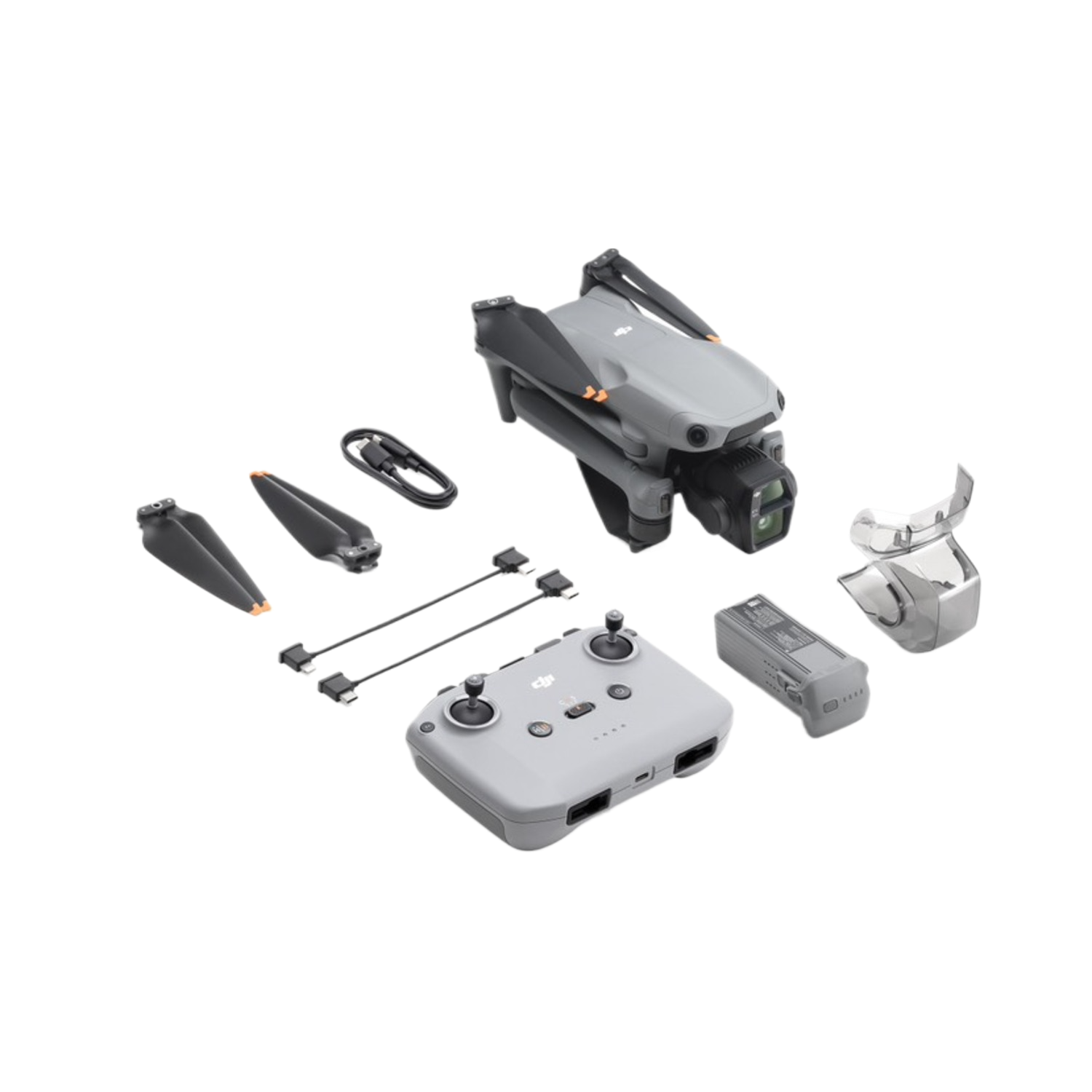 Drone met accessoires: afstandsbediening, batterij, propellers en een camerabeschermer.