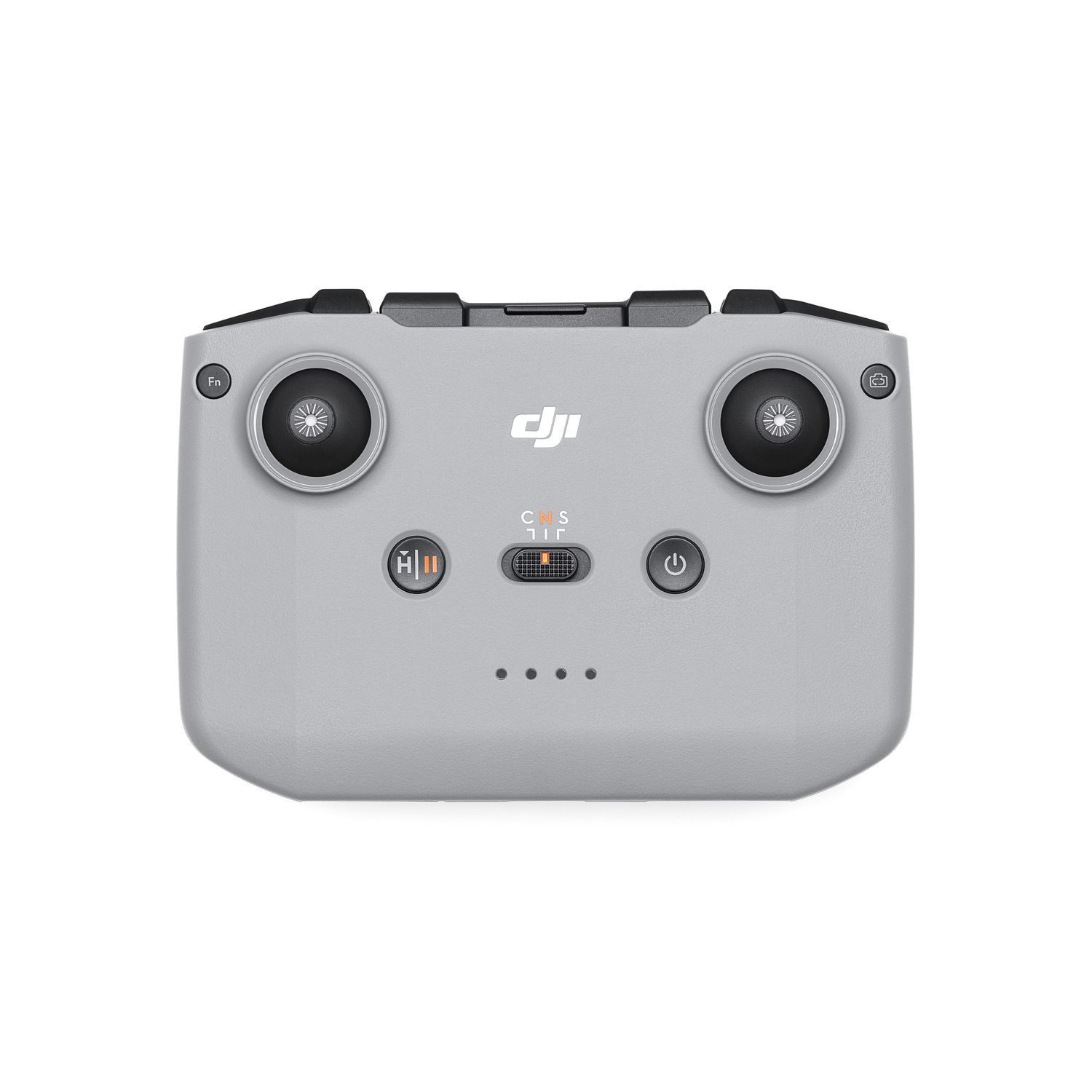 Gray drone controller. It has joysticks, buttons, and an antenna. The background is white.