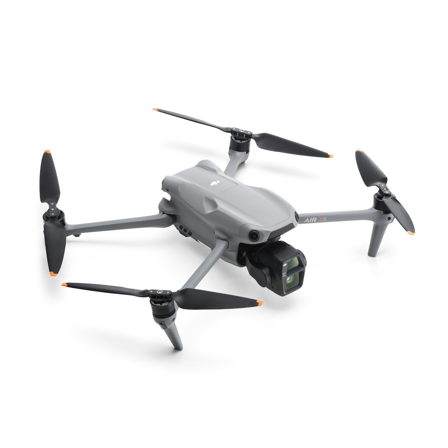 Gray drone with four propellers and a camera.