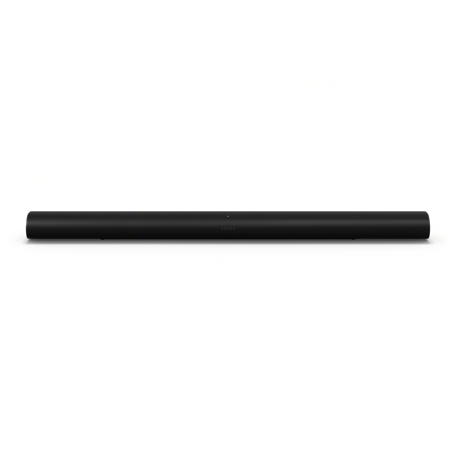 Een zwarte soundbar op een wit oppervlak.