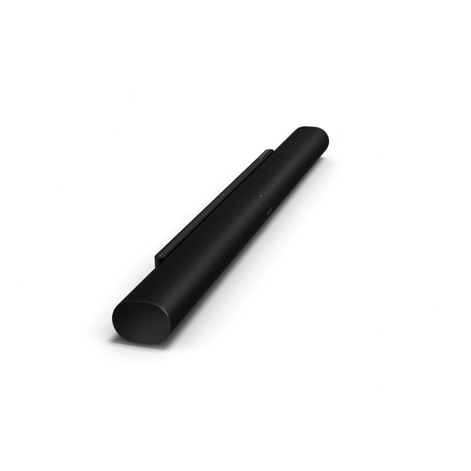 Zwarte soundbar op wit. De soundbar is lang en horizontaal.