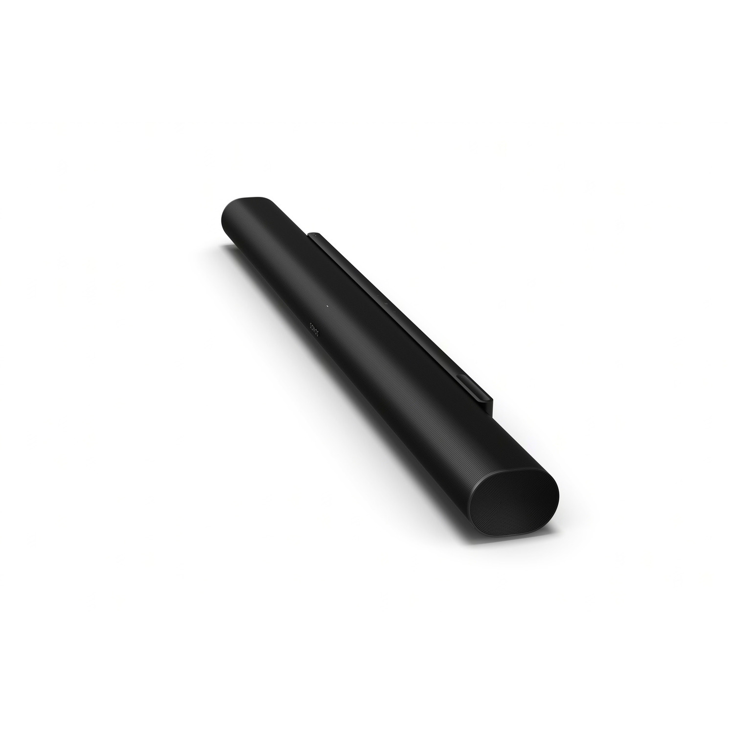 Zwarte soundbar op een witte achtergrond, iets naar links gekanteld. Het heeft een strak ontwerp.