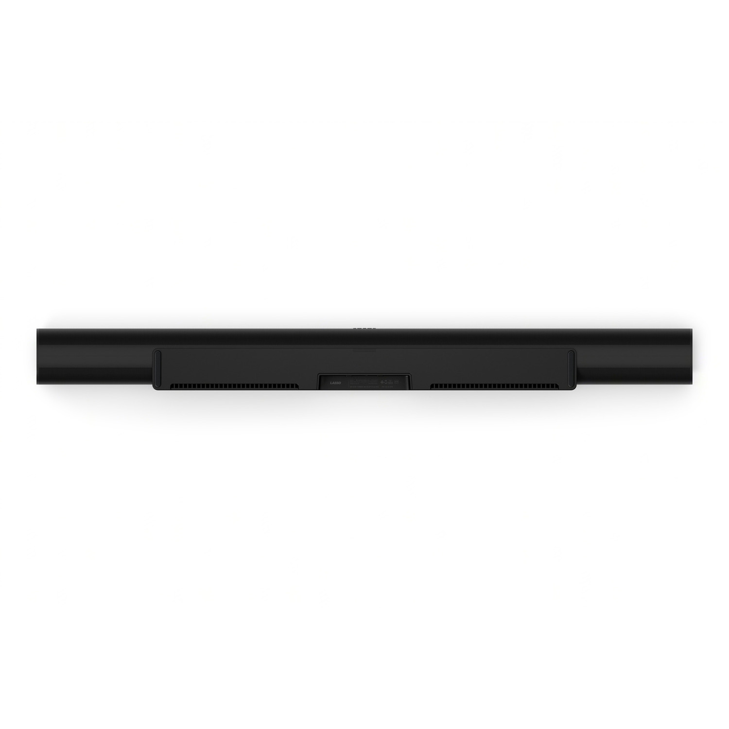 Zwarte soundbar op een witte achtergrond, met de merknaam.