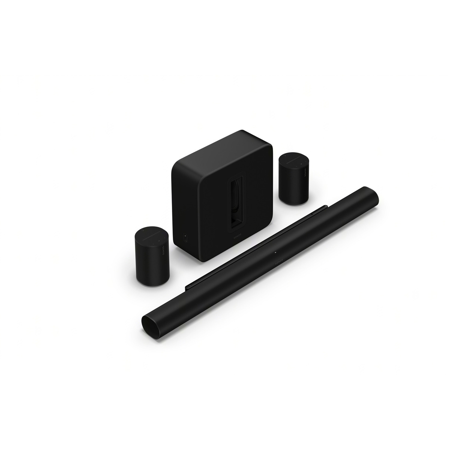 Zwart home theater systeem. Het heeft een soundbar, subwoofer en twee luidsprekers.