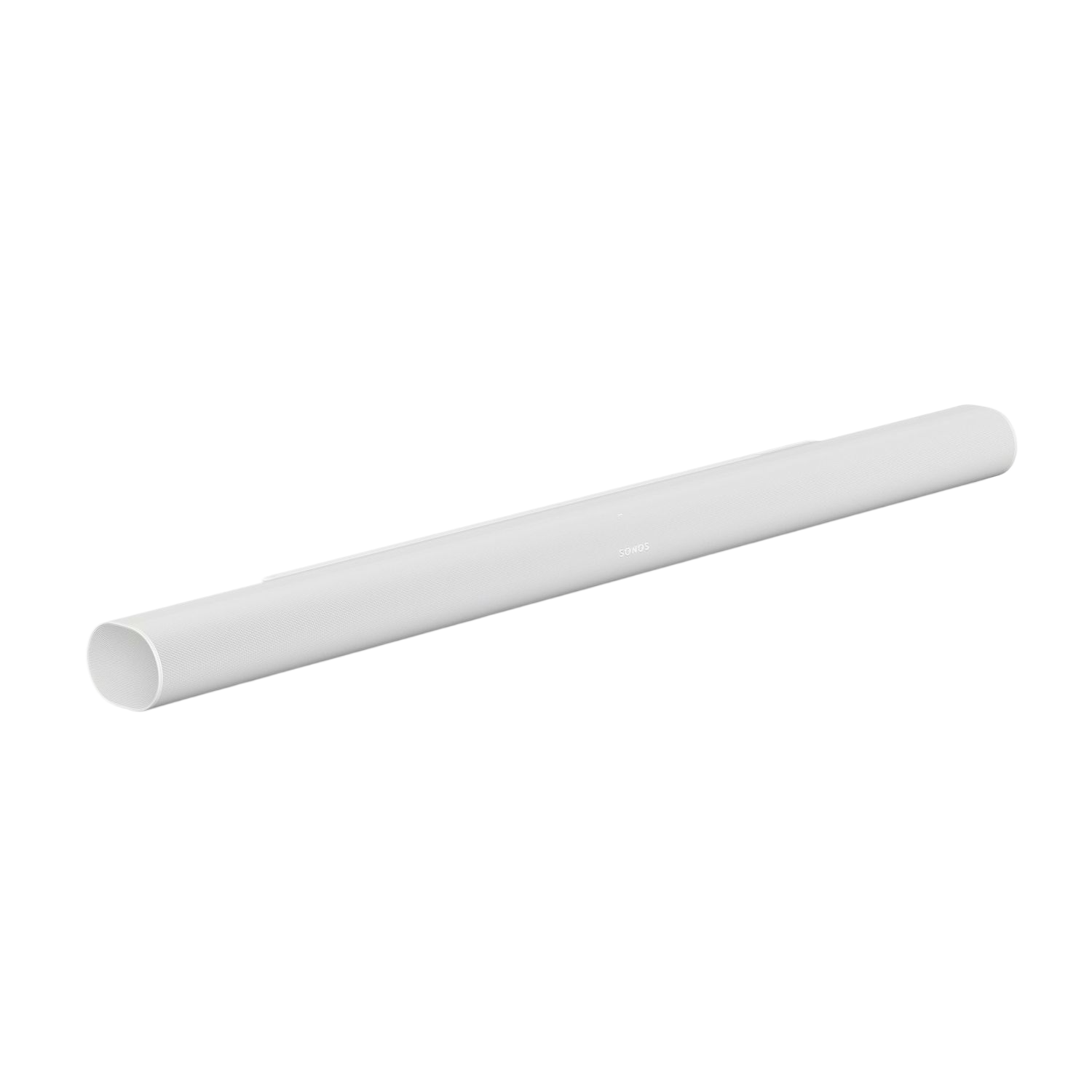 Witte Sonos soundbar op een zwarte achtergrond.