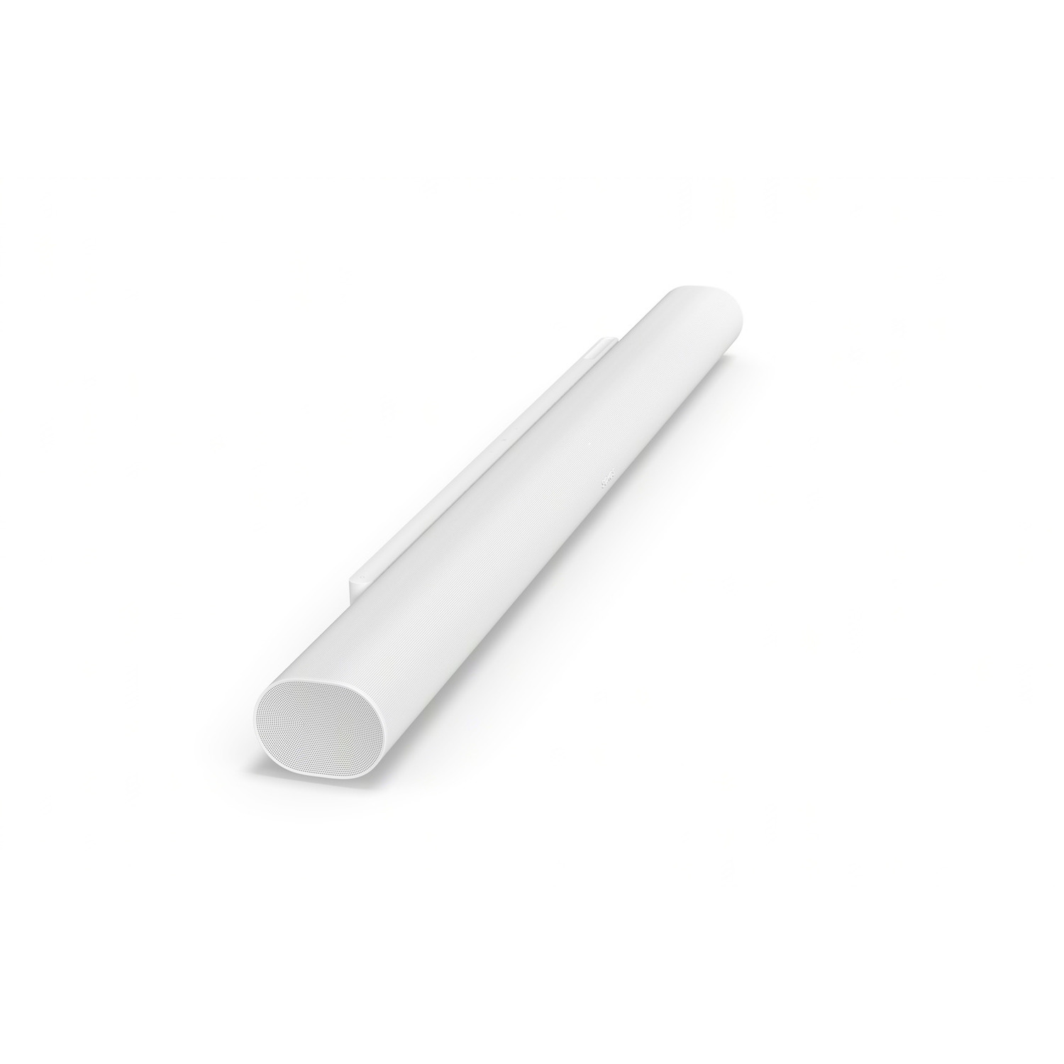Witte lange soundbar op witte achtergrond. Hij is cilindrisch en op een witte standaard gemonteerd.