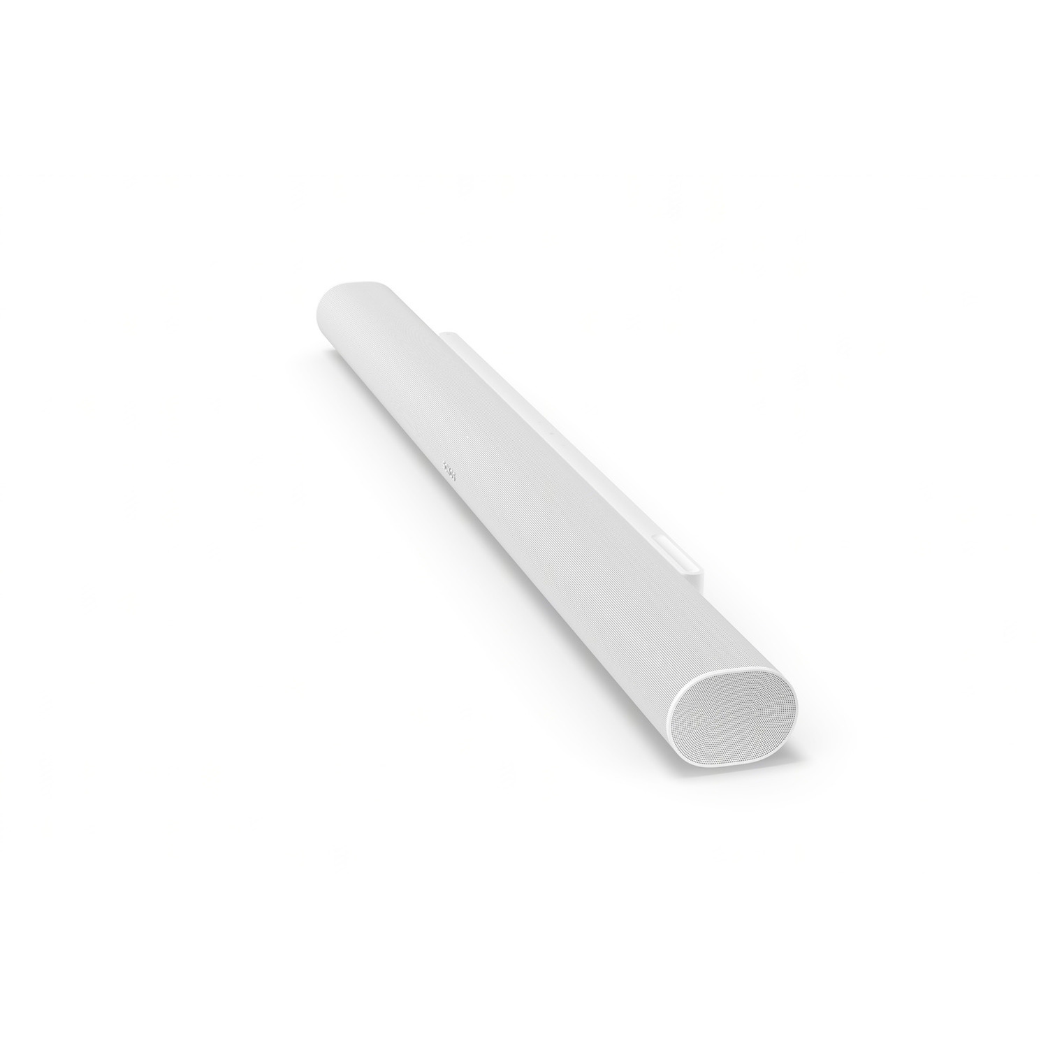 Witte Sonos soundbar op een witte achtergrond, iets omhoog gekanteld.
