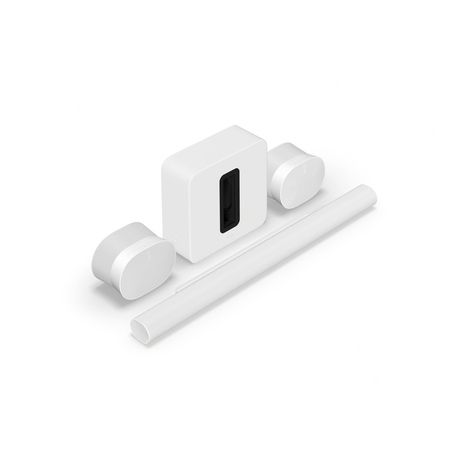 Sonos-geluidssysteem componenten. Witte soundbar, twee kleine speakers en een sub.
