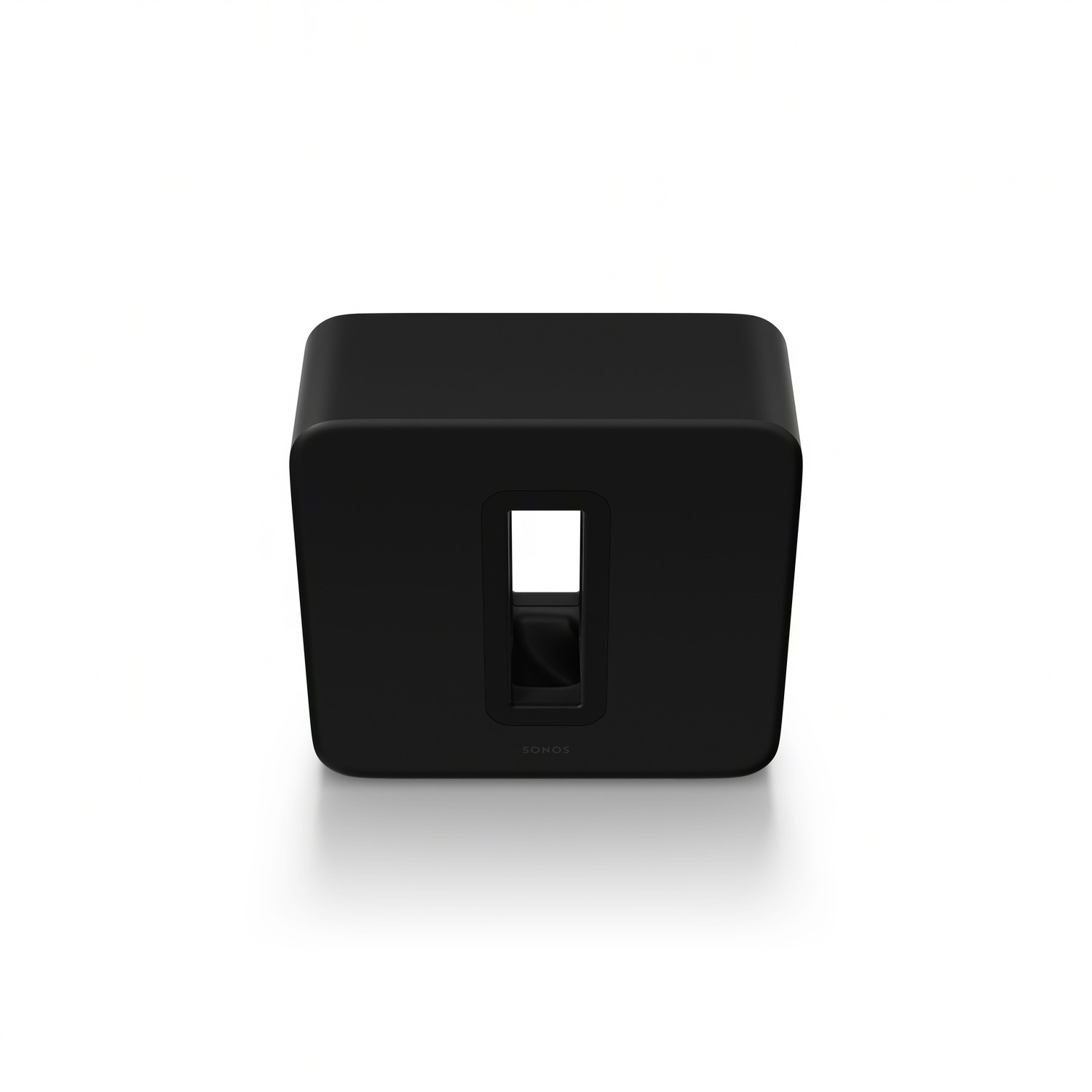 Black Sonos Sub subwoofer on a white surface.