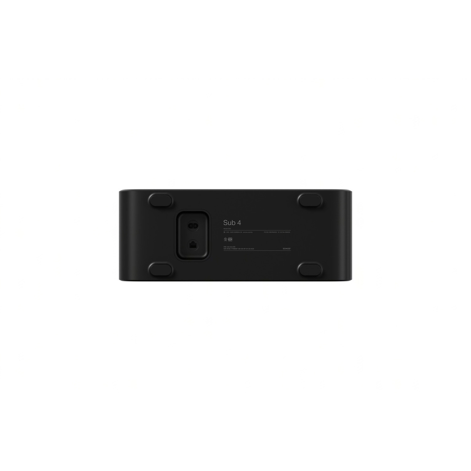 Black subwoofer. Bottom view, showing connectors and labels against a white background.