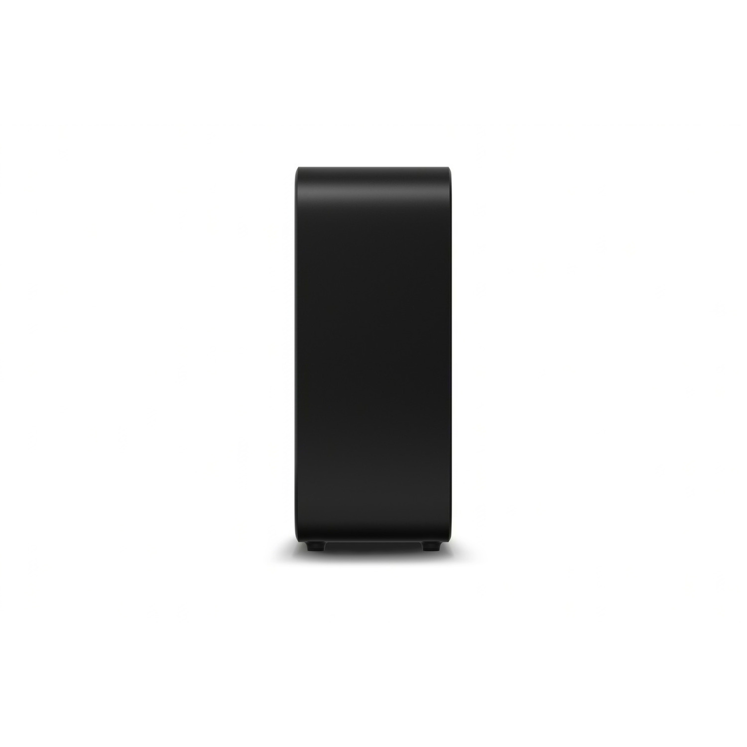 A black device with a curved front, probably a soundbar or a similar electronic gadget.