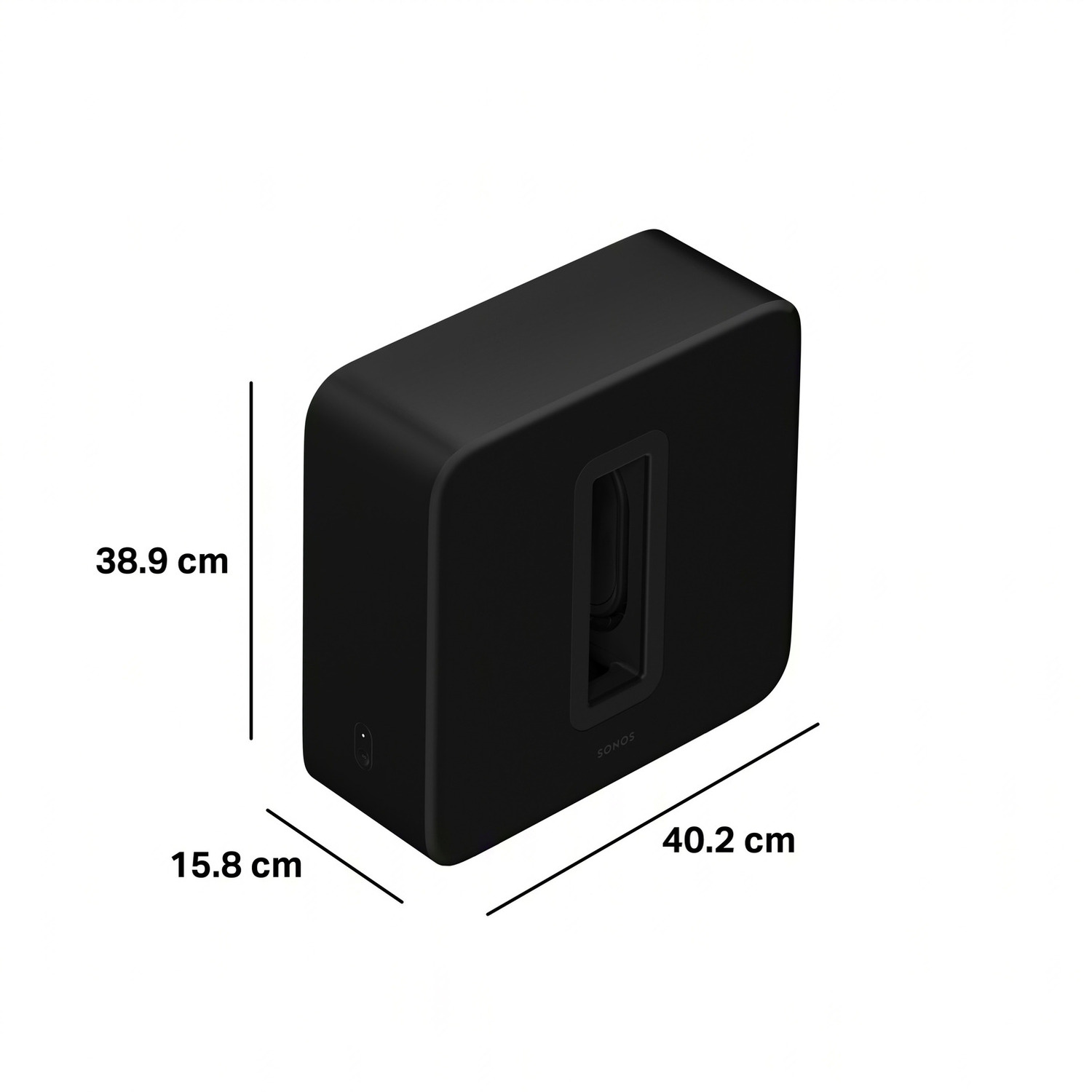 Black Sonos Sub with dimensions: 38.9cm height, 15.8cm width, 40.2cm length.