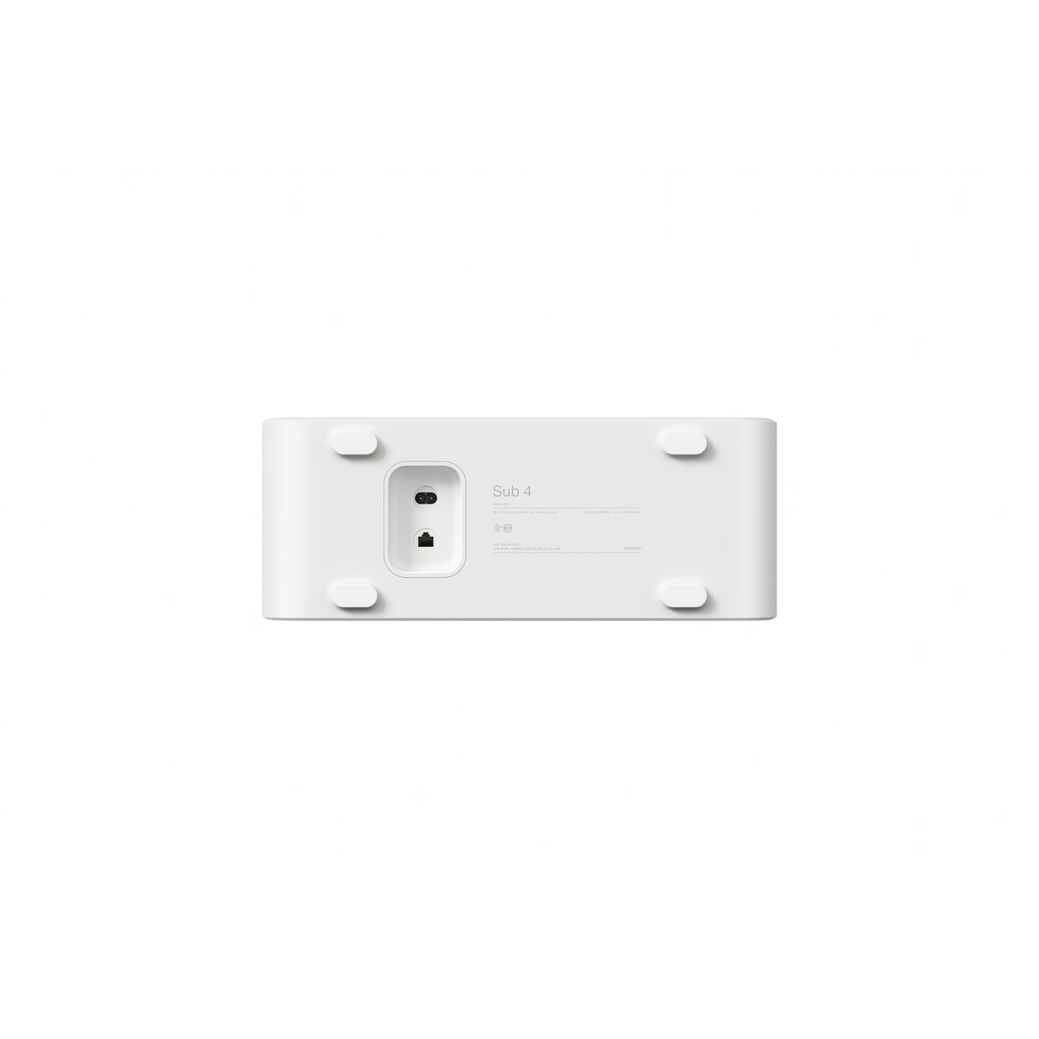 White speaker's back. It has the name of the product and some technical information. White background.