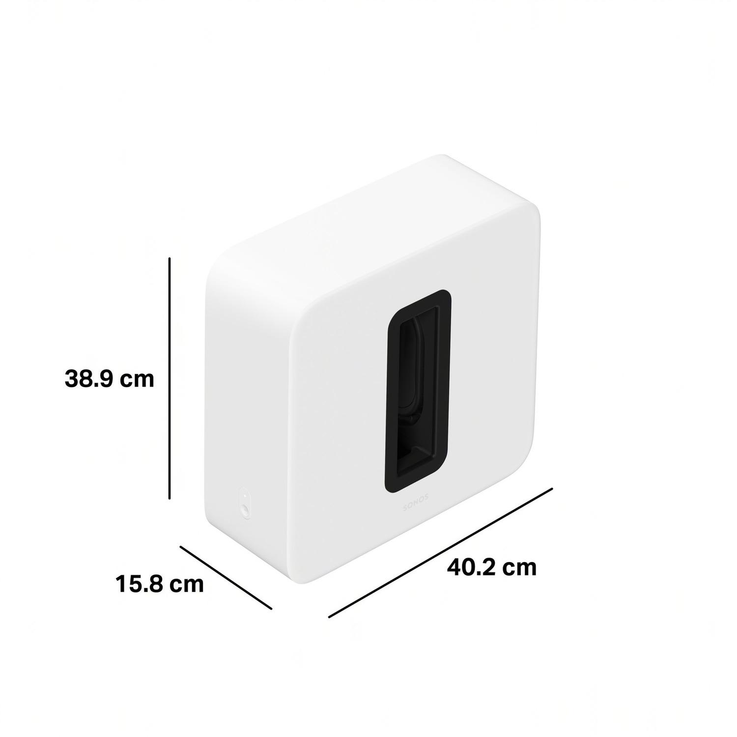 White Sonos Sub, a rectangular subwoofer with a black opening.