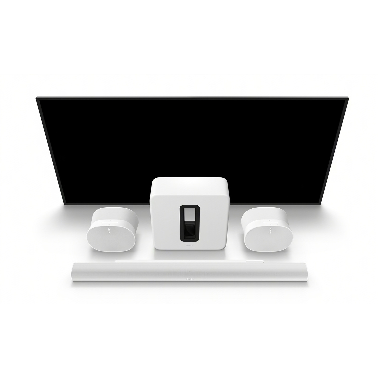 Sonos home theater setup: TV, soundbar, subwoofer, and two speakers. White background.
