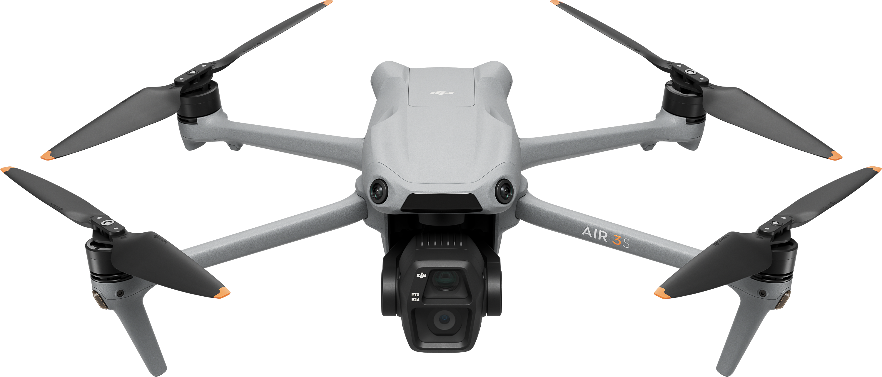 Drone grigio con eliche nere, una fotocamera rivolta in avanti.