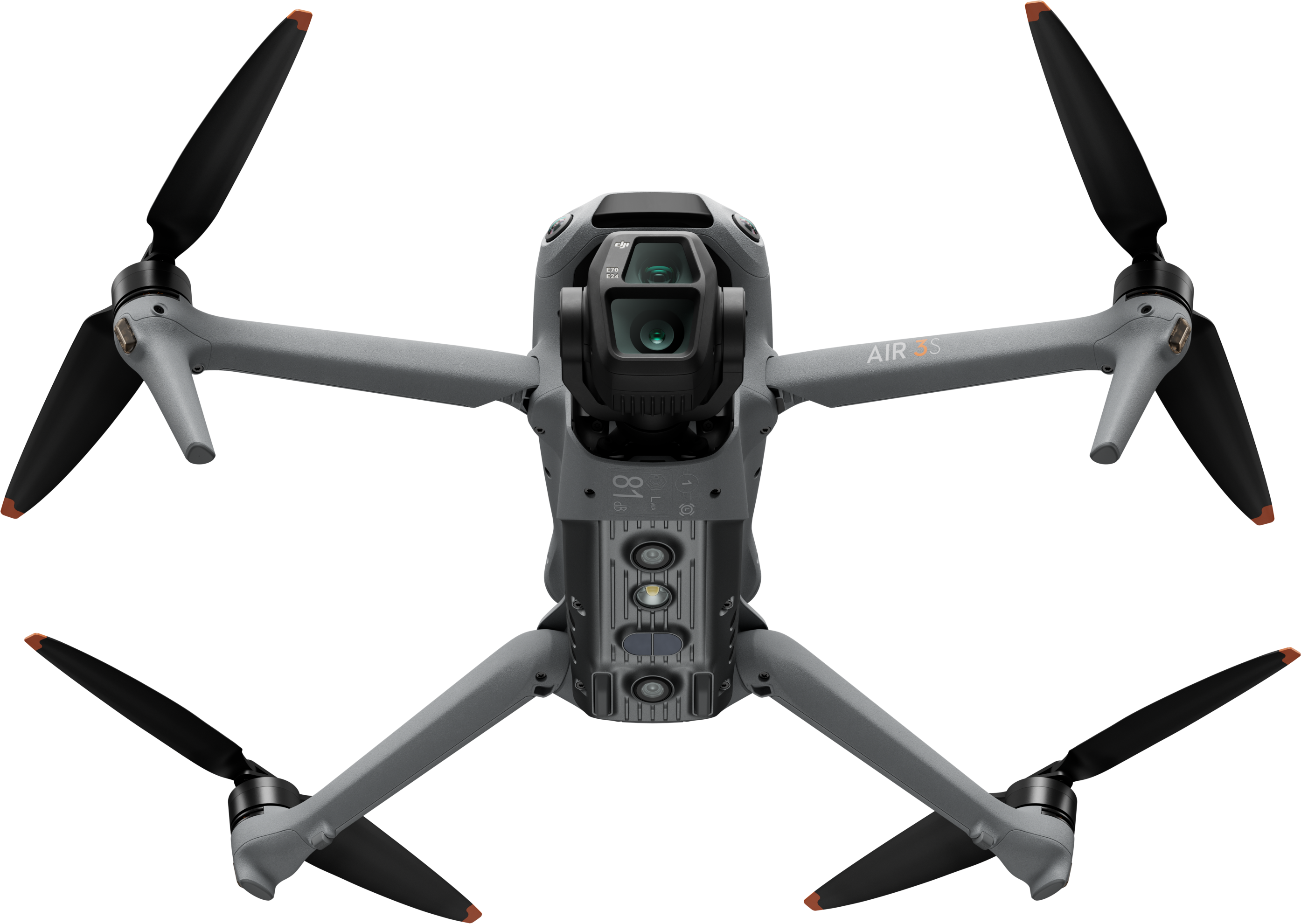 Un drone grigio con eliche estese su uno sfondo nero.