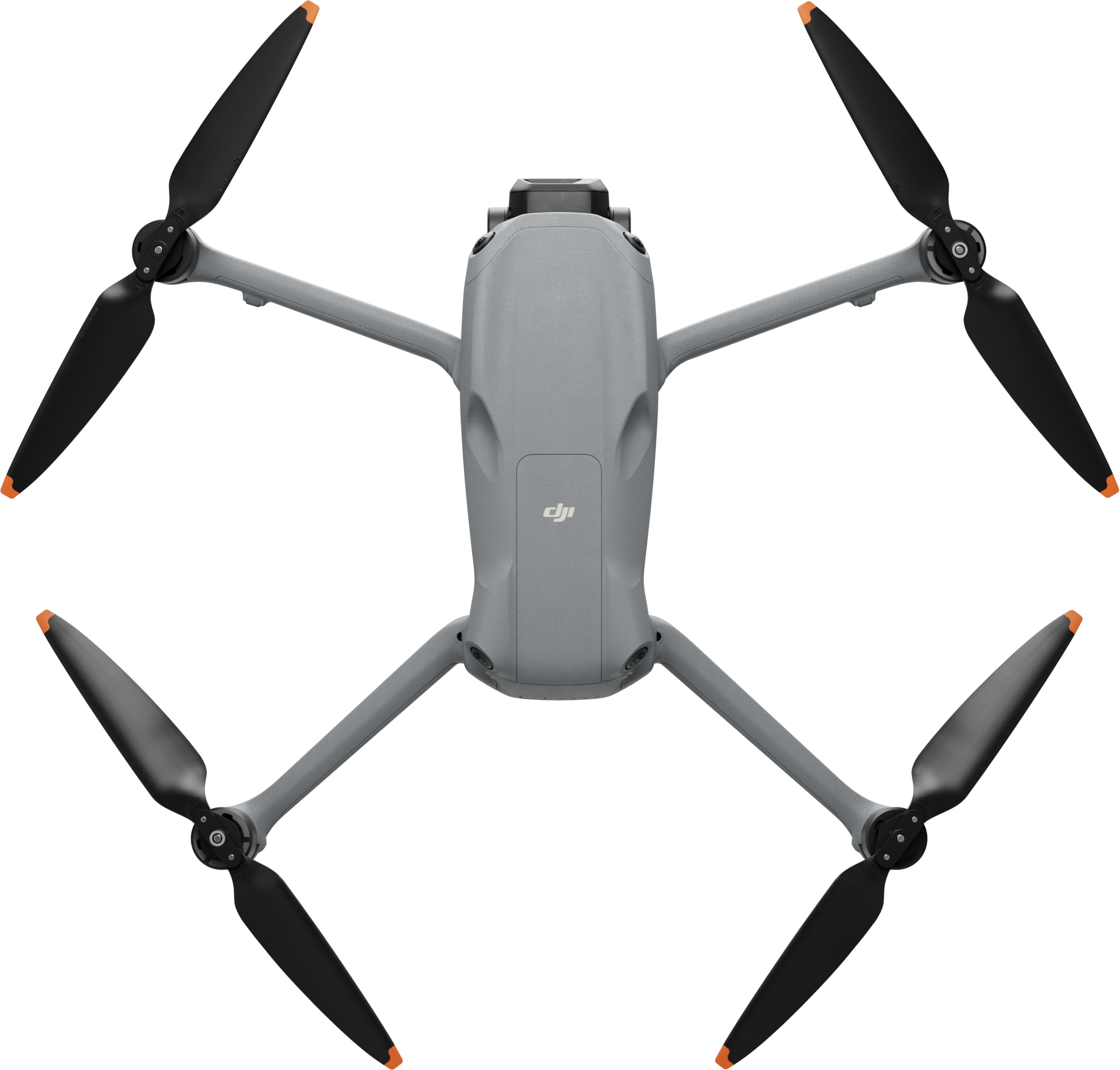 Drone grigio con quattro eliche nere. Punte arancioni sulle eliche. Sfondo nero.
