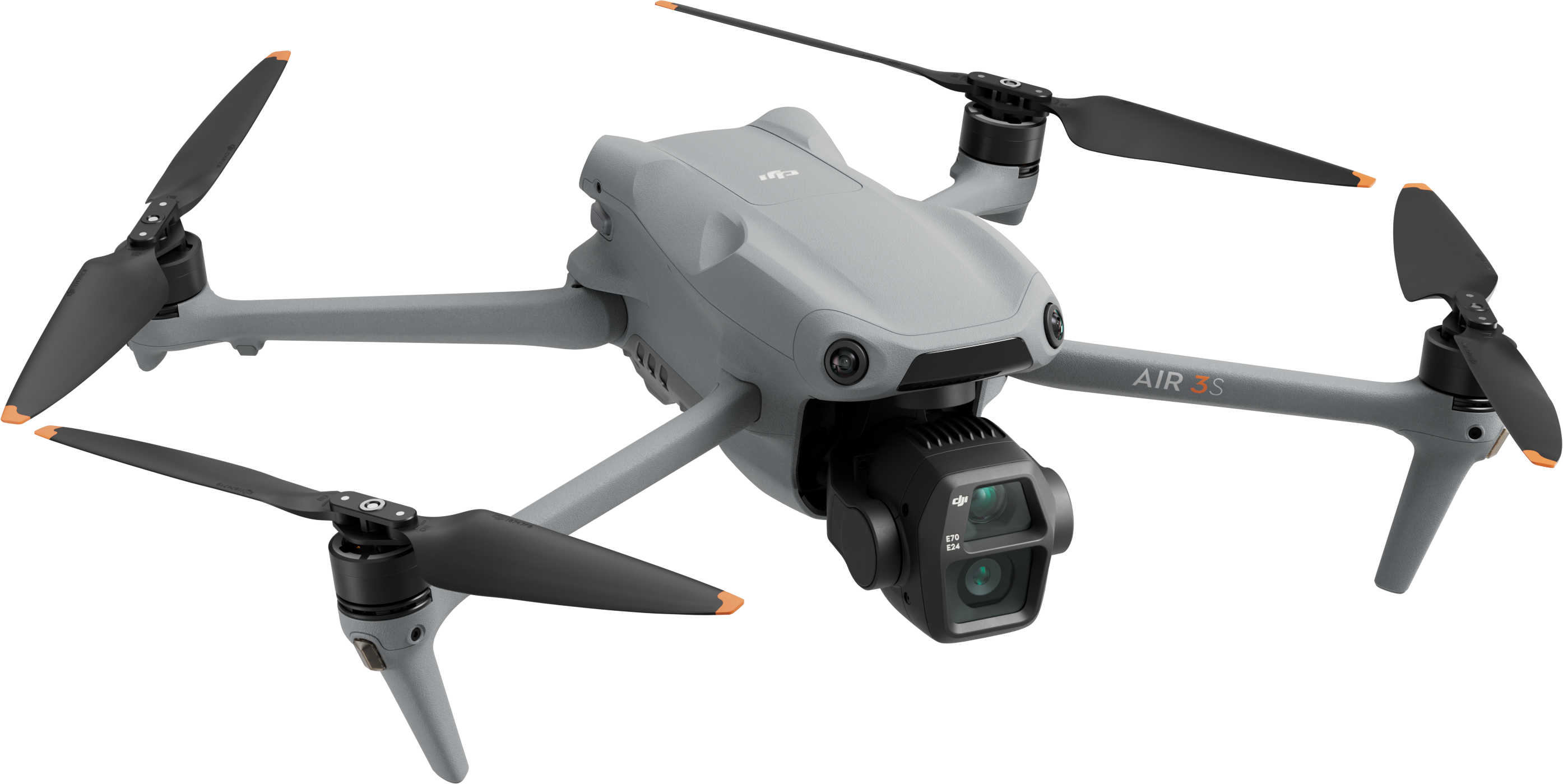 Drone grigio con eliche nere. La fotocamera è rivolta in avanti. Lo sfondo è nero.