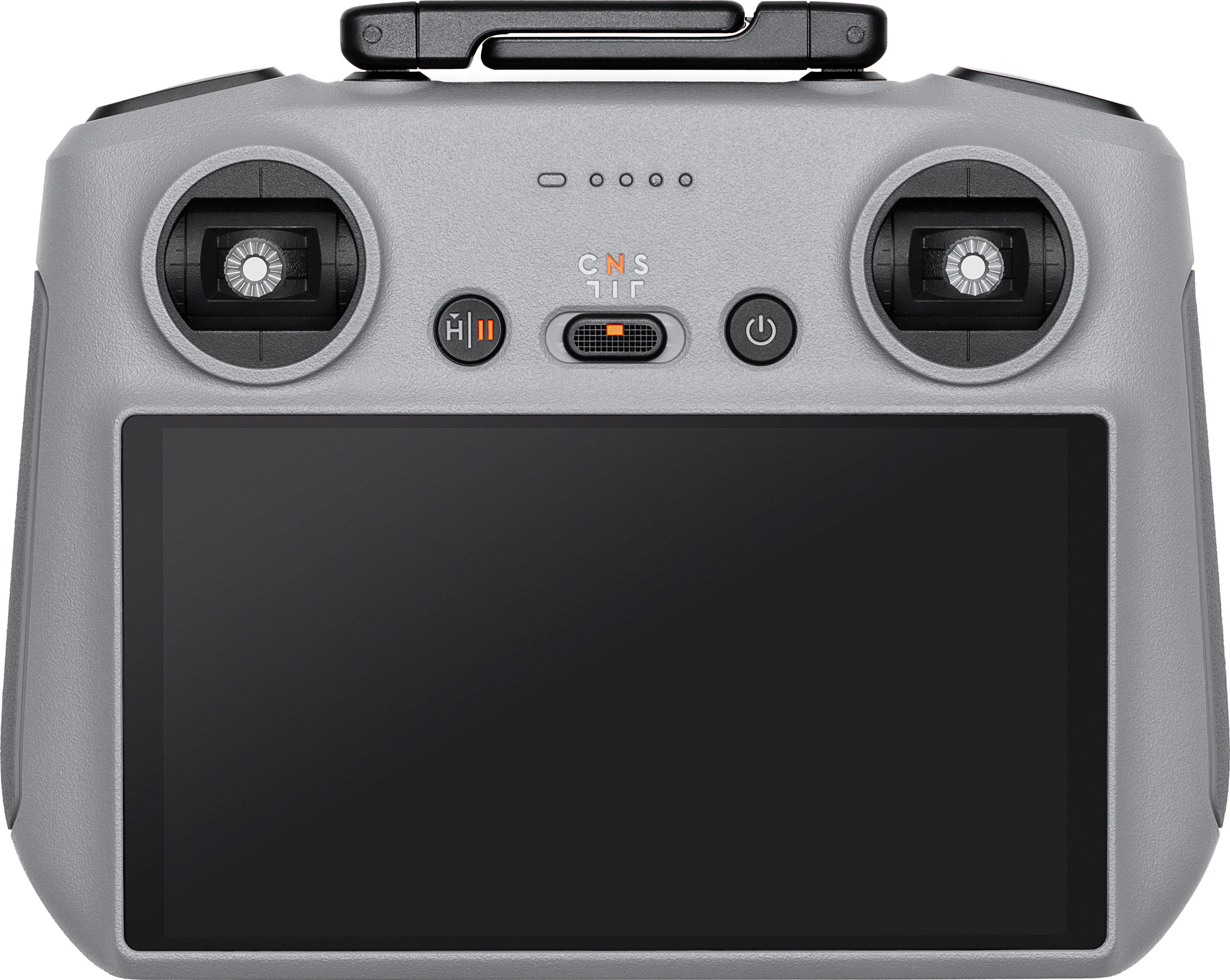Controller drone grigio con pulsanti e schermo.