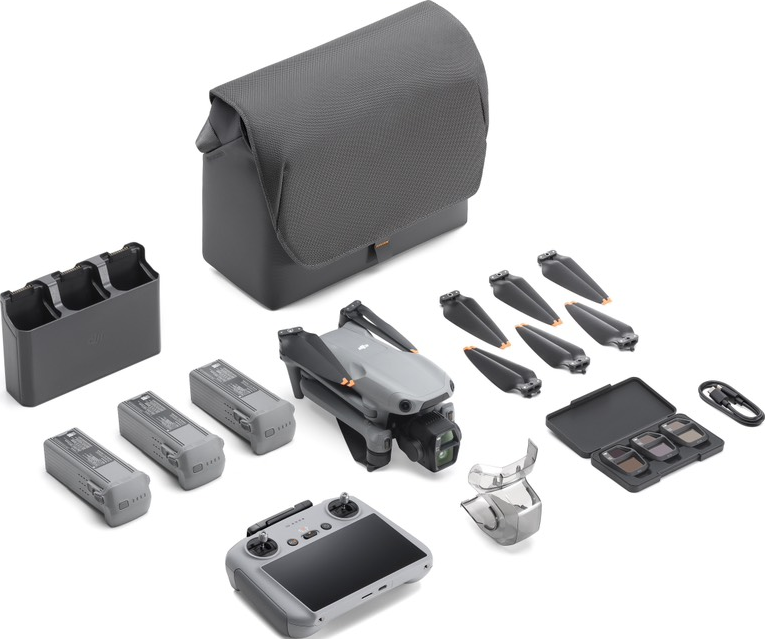 Drone e accessori: borsa, batterie, telecomando, eliche e filtri.