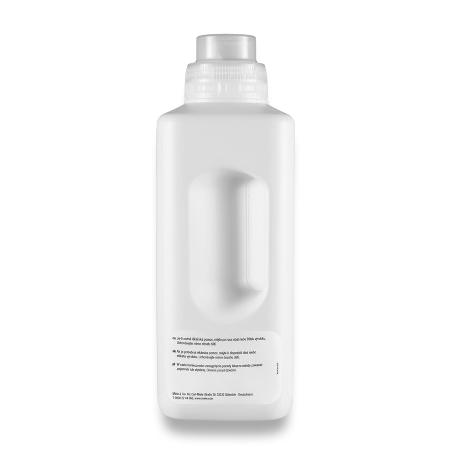 Flacone bianco di detersivo liquido. Testo in altre lingue sul retro, su sfondo bianco.