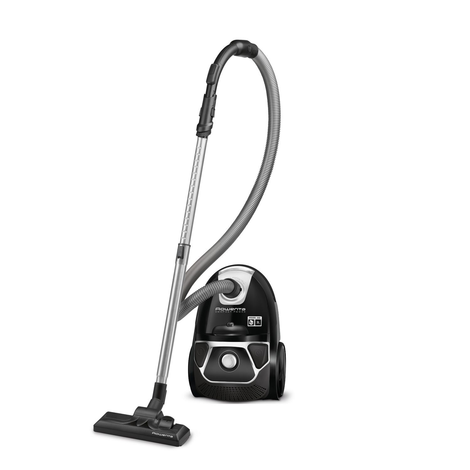 Black and silver vacuum cleaner. Upright design, with a long handle and a curved hose. White background.