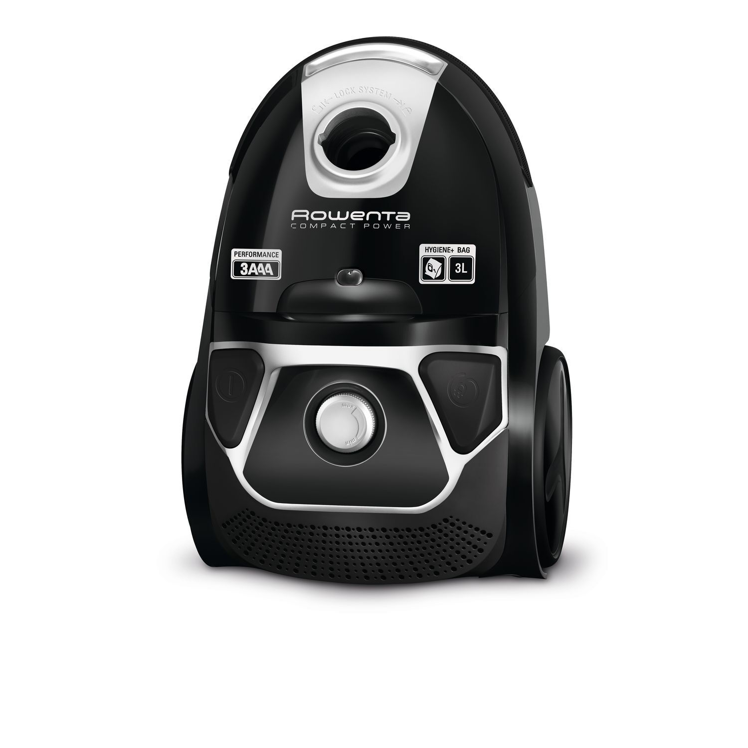 Black and silver vacuum cleaner. Rowenta Compact Power. Buttons and dial visible.